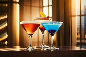 three different colored cocktails sit on a table. AI-Generated photo