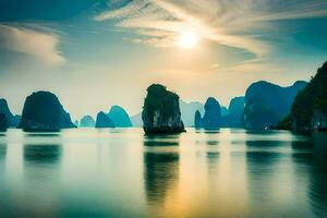 the sun shines brightly over the water in this photo. AI-Generated photo