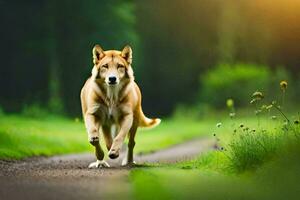 un perro corriendo en un camino en el medio de un campo. generado por ai foto