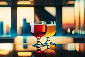 two glasses of beer on a table in front of a cityscape. AI-Generated photo