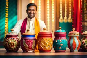 a man standing in front of colorful jars. AI-Generated photo