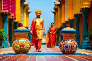 a man and woman in traditional indian clothing walk through a colorful courtyard. AI-Generated photo