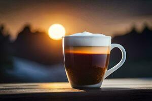 a cup of coffee on a table with the sun setting behind it. AI-Generated photo