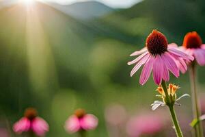 pink flowers in the sun with mountains in the background. AI-Generated photo