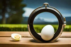 an egg in a mirror with a view of a field. AI-Generated photo