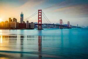 the golden gate bridge and san francisco skyline at sunset. AI-Generated photo