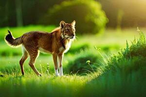 a wolf is walking through a grassy field. AI-Generated photo