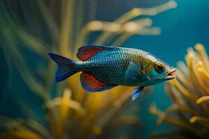 a fish with blue and red fins swimming in the water. AI-Generated photo