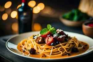 spaghetti with tomato sauce and cheese on a plate. AI-Generated photo