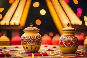two colorful vases on a table with lights. AI-Generated photo
