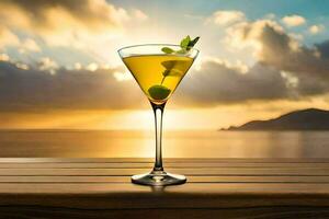 a cocktail on a wooden table with a sunset in the background. AI-Generated photo