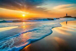 the sun rises over the ocean and waves at the beach. AI-Generated photo