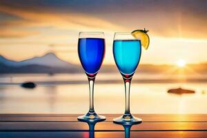 two glasses of blue and yellow liquid with sunset in the background. AI-Generated photo