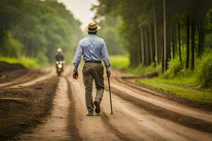 un hombre caminando abajo un suciedad la carretera con un caña. generado por ai foto