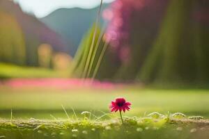 a single pink flower is standing in the middle of a field. AI-Generated photo