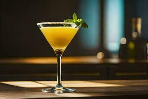 a cocktail with a green garnish sits on a wooden table. AI-Generated photo