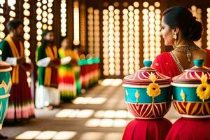 a woman in a sari is standing next to a group of colorful pots. AI-Generated photo