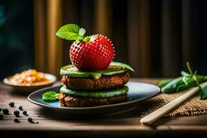 a stack of hamburgers with a strawberry on top. AI-Generated photo