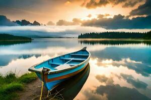 un barco se sienta en el apuntalar de un lago a puesta de sol. generado por ai foto