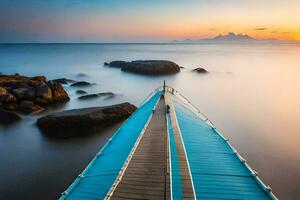 a long exposure photograph of a dock in the ocean. AI-Generated photo