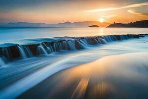 a beautiful sunset over the ocean with waves crashing into the shore. AI-Generated photo