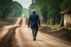 un hombre en un traje y sombrero camina abajo un suciedad la carretera. generado por ai foto