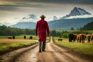 un hombre en un rojo Saco camina abajo un suciedad la carretera con vacas generado por ai foto