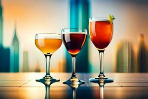 Tres lentes de diferente bebidas en un mesa en frente de un ciudad horizonte. generado por ai foto