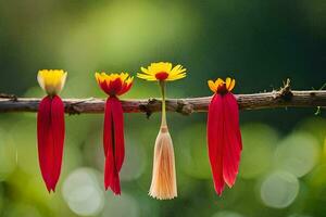 four red and yellow flowers are tied to a branch. AI-Generated photo