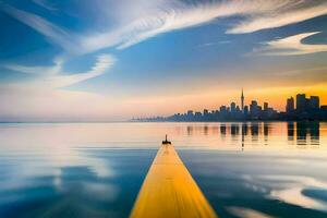 a long wooden paddle is in the water with the skyline in the background. AI-Generated photo