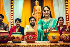 a woman in a sari is holding a pot with other people in the background. AI-Generated photo