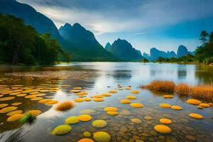 the li river in china is filled with yellow flowers. AI-Generated photo