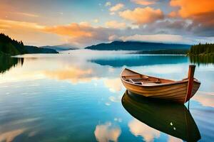 a boat sits on the water at sunset. AI-Generated photo