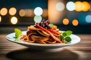 a plate of pasta with vegetables and berries. AI-Generated photo