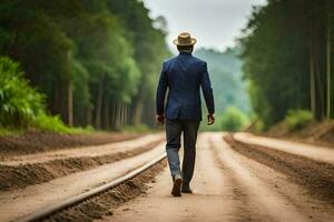 un hombre en un traje y sombrero caminando abajo un suciedad la carretera. generado por ai foto