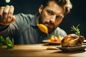 un hombre es comiendo un pollo en un lámina. generado por ai foto