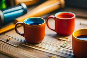 three colorful cups of coffee on a wooden table. AI-Generated photo