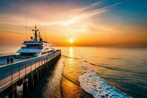 un barco atracado a el final de un muelle a puesta de sol. generado por ai foto