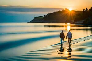 two people walking along the beach at sunset. AI-Generated photo