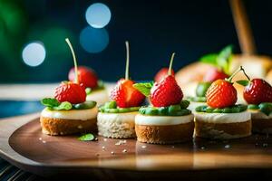 small appetizers with strawberries and cheese on a wooden tray. AI-Generated photo