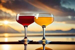 two glasses of wine with sunset in the background. AI-Generated photo