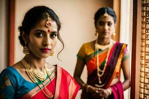 dos mujer en tradicional saris actitud para el cámara. generado por ai foto