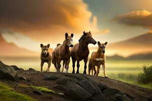 cuatro caballos caminando en un colina en frente de un puesta de sol. generado por ai foto
