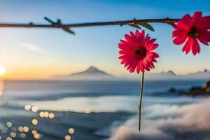 two pink flowers are on a branch with a sunset in the background. AI-Generated photo