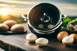 eggs are placed in a pot and an egg cooker. AI-Generated photo