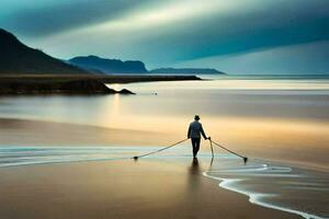 un hombre caminando en el playa con un cuerda. generado por ai foto