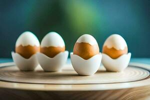 five eggs are sitting on a wooden plate. AI-Generated photo