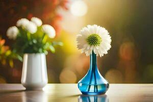 two vases with white flowers on a table. AI-Generated photo