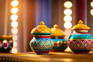 colorful diyas on a table with lights in the background. AI-Generated photo