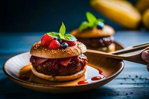 two hamburgers with fruit on them on a plate. AI-Generated photo